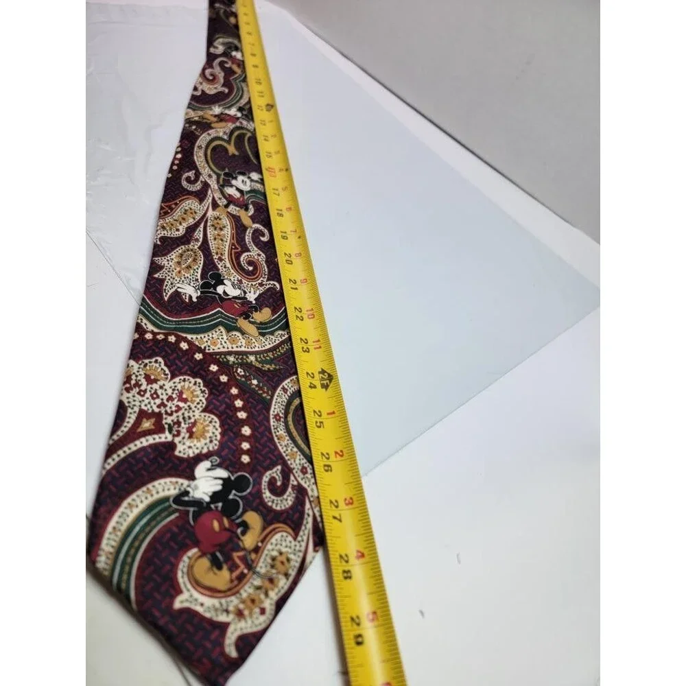 Disney Mickey Mouse Mens Silk Tie Vintage Paisley Burgundy Red Green Gold